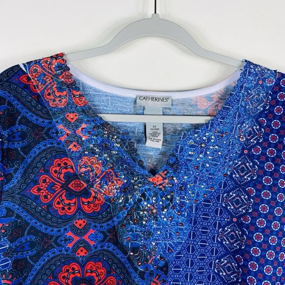Catherines Plus Size 0X 14 16 Printed Embellished Peasant Top Blue Red - Picture 3 of 5